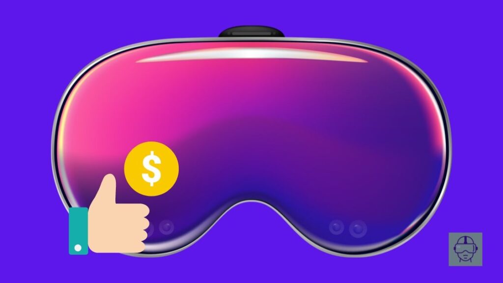 a purple and pink apple vision pro with a hand holding a dollar sign - affordable-apple-vision-vr-headset-vskel