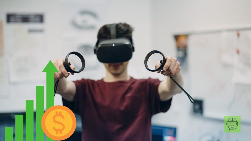 a man wearing a virtual reality headset and growing chart with dollar icon - vr-gaming-market-revolution-vskel