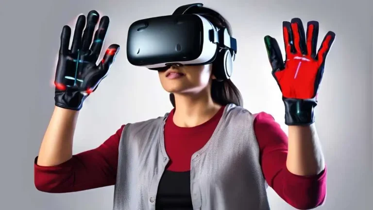 a woman wearing a vr headset and gloves - what is the future of vr gloves