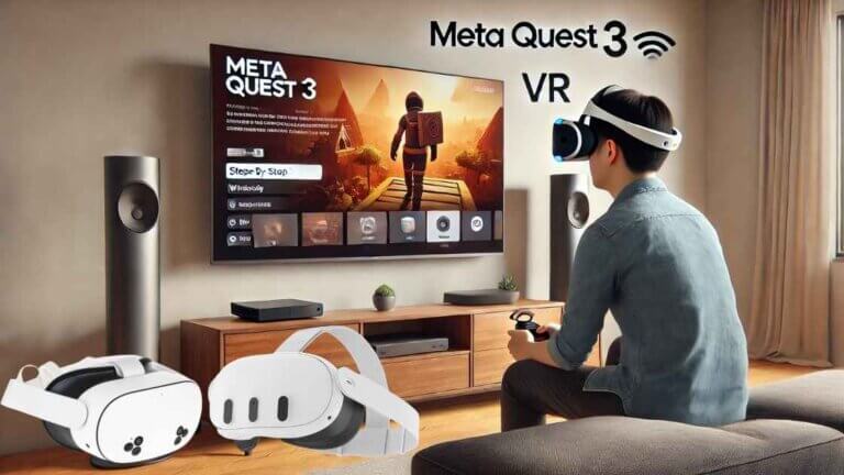 A man wearing vr headset in front of tv with controllers - How to Connect Meta Quest 3 or 3S to Samsung TV - vskel