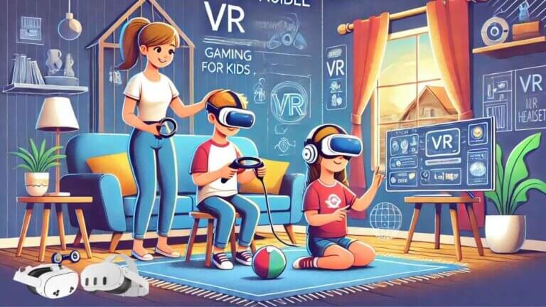 A mother and her 2 kids enjoying VR games - Meta Quest 3 and 3S for Kids - vskel