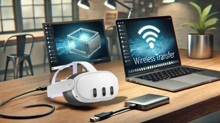 meta quest 3 vr headset on table with laptop, monitor and a storage disk: How to Transfer Files to Meta Quest 3/3s From Windows